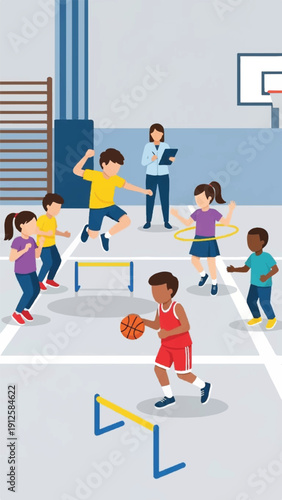 Group of children playing basketball in a school gym.