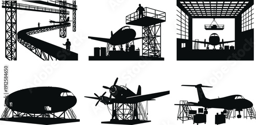 Aircraft manufacturing maintenance silhouette, aviation industry teamwork illustration, airplane assembly repair concept, hangar crane scaffolding vector art, engineering inspection servicing scene - 