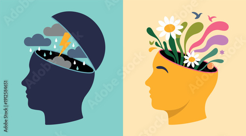Mental Health Concept with Storm and Nature Inside Human Head Silhouette Flat Vector
