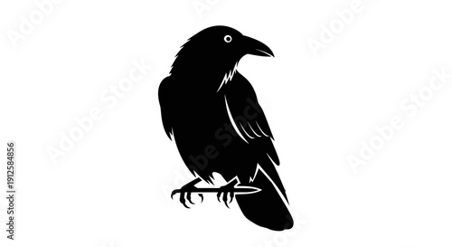 Black Crow Silhouette Perched on Branch.