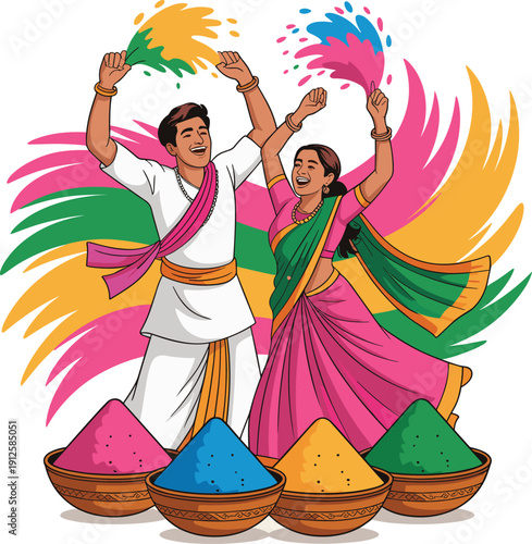 Couple Celebrating Holi Festival Throwing Colored Powder, Indian Tradition