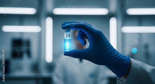Scientist handling glowing blue vial in laboratory setting