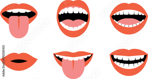 Female Lips and Mouth Expressions Set Smiling Talking Tongue Out Flat Vector Illustration Collection