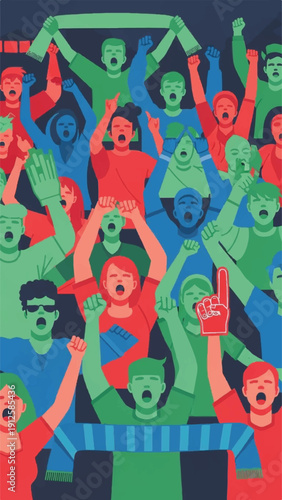 Vibrant, energetic crowd of cheering fans filling a stadium during a sports celebration.