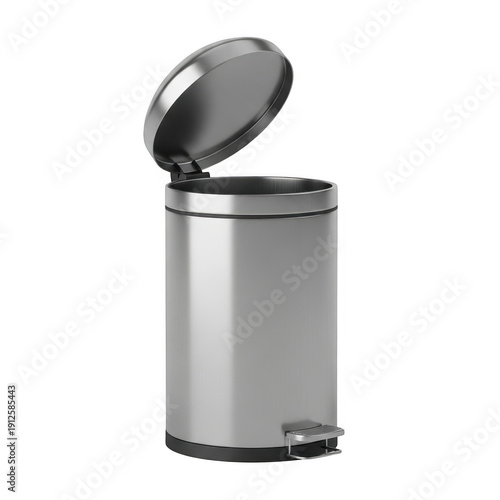 A sleek silver trash can with an open lid against a white background.