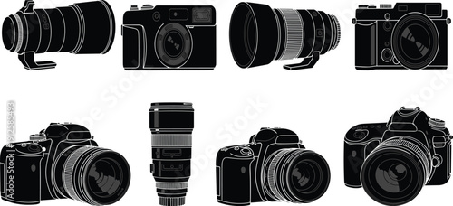 Camera lens silhouette collection, DSLR rangefinder telephoto illustration, photography equipment vector art, professional gear concept, optical technology scene - flavector
