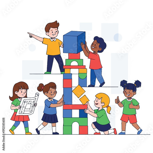 Group of diverse children building a colorful tower with blocks in a playful learning setting.