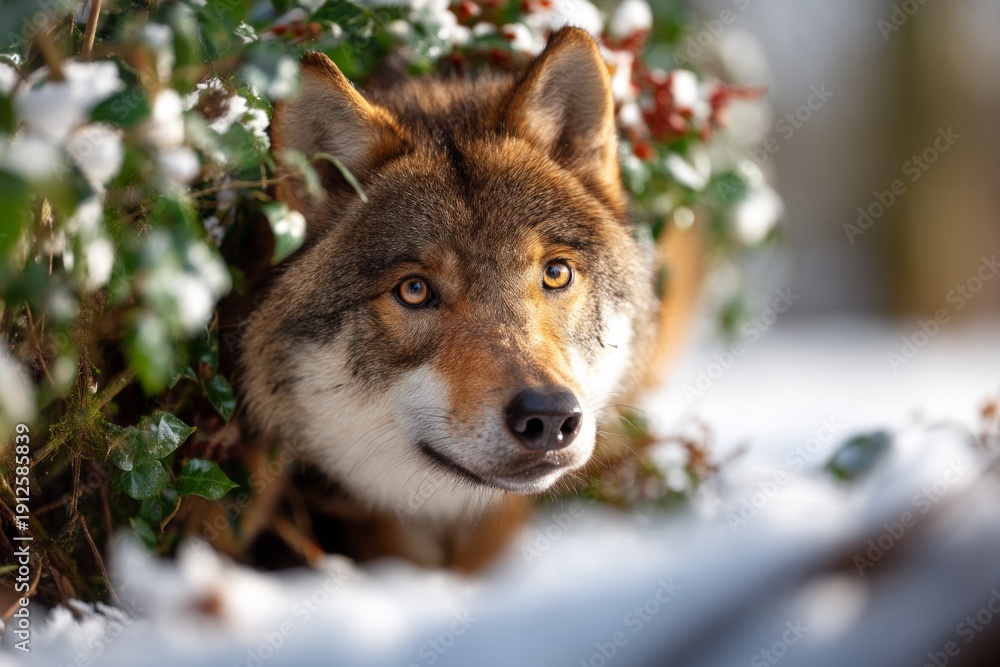 Obraz premium Silver Wolf Emerging From Snow Covered Bushes in Winter Landscape