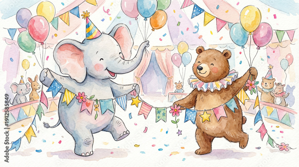 Obraz premium circus animals party, elephant and bear with balloons