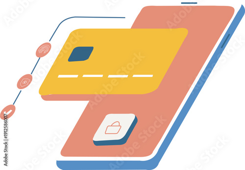 Mobile payment security landing page illustration. Smartphone with credit card, secure lock icon, encrypted transaction flow and protection shield for contactless payments in fintech hero design.