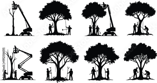 Tree trimming and cutting service with workers using boom lift and tools, arborist silhouettes isolated on white background