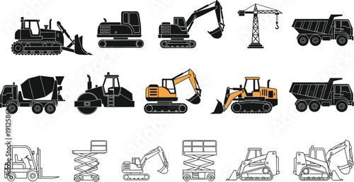 Construction heavy equipment set including excavator, bulldozer, crane, dump truck and forklift isolated on white background