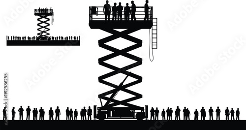 Large scissor lift platform with workers elevated above crowd, construction access equipment silhouette isolated on white background