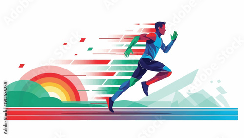 Vibrant stylized illustration of a sprinter racing forward against a colorful rainbow background in dynamic motion.