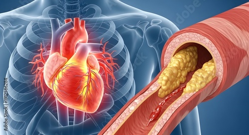 Atherosclerosis and Cholesterol Plaque Build Up in Human Artery with Heart Background
