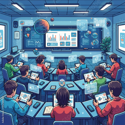 Students in a futuristic science classroom collaborate using high tech displays and data dashboards.