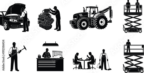 Set of industrial workers, mechanic repairing car engine, tractor and scissor lift equipment silhouettes isolated on white background