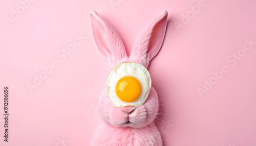 Pink Easter Bunny With Fried Egg Covering One Eye On Pink Background rabbit