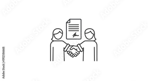 Two people shaking hands with a contract above them.