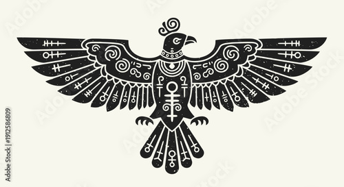 Tribal Eagle Symbol with Ancient Hieroglyphs and Ornate Patterns.