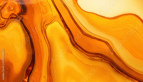 Macro Texture of Ancient Fossilized Amber Resin with Golden Viscous Flow and Organic Patterns