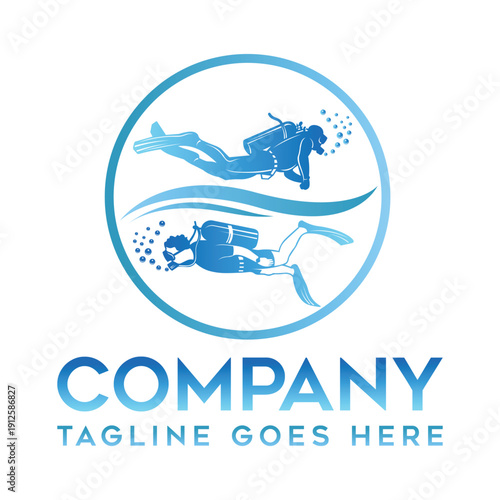 Scuba Diving Company Logo Template Underwater Diver Silhouette Vector Emblem with Ocean Wave Circle Badge Design