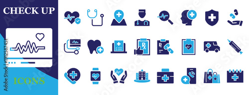 Medical check up and healthcare editable two color flat vector icon set for hospital, clinic, doctor, pharmacy, health insurance, medicine, and emergency services.