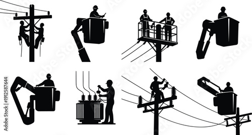 Set of electrical workers repairing power lines on utility poles, electrician maintenance silhouettes isolated on white background illustration