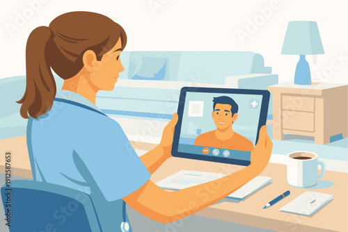 Doctor providing an online medical consultation to a patient via tablet in a cozy home setting. Modern telemedicine concept illustrated in clean flat vector style with minimal interior decor and healt
