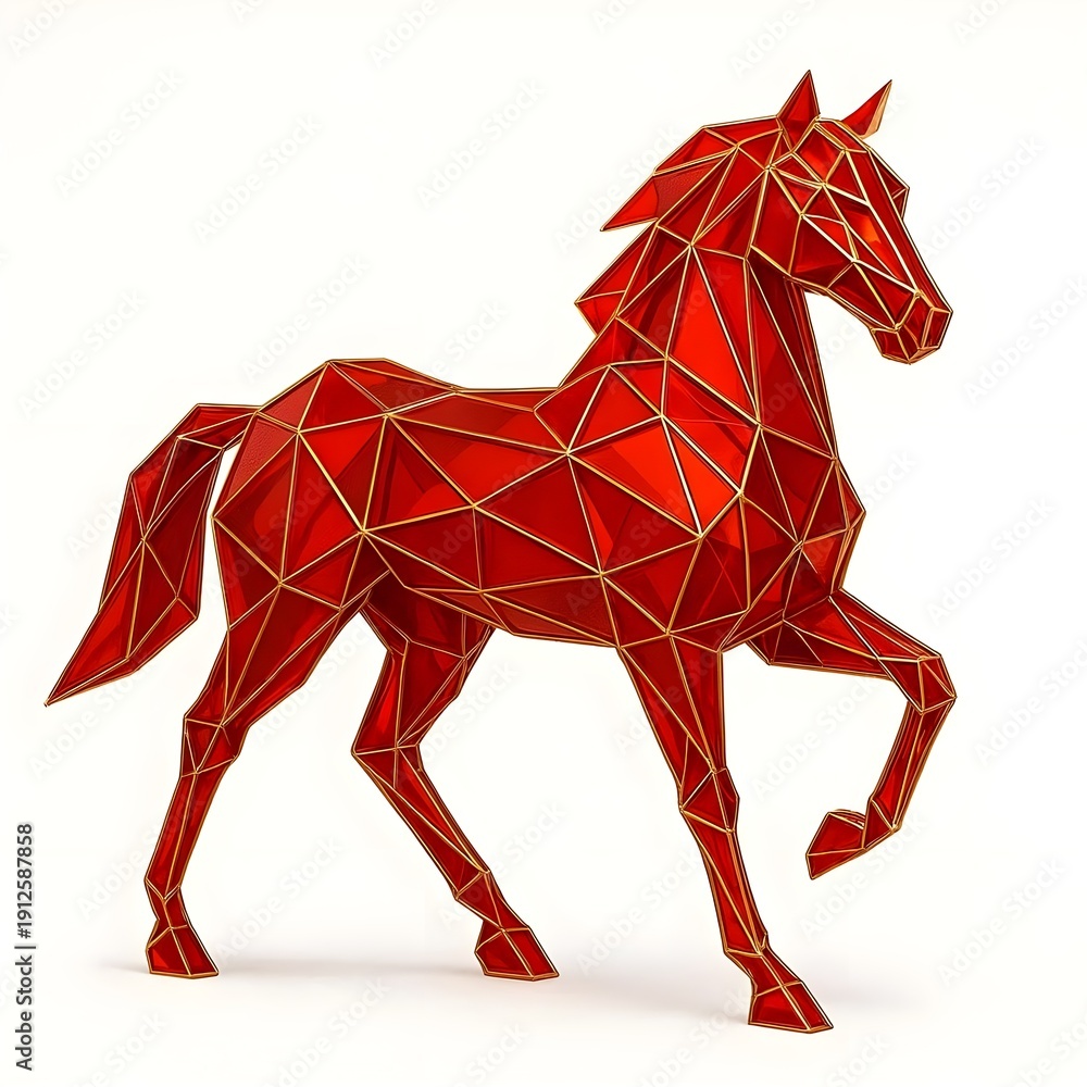 Obraz premium 3D Red Low Poly Horse Sculpture with Golden Wireframe for Chinese New Year 2026 Year of the Horse Isolated on White Background