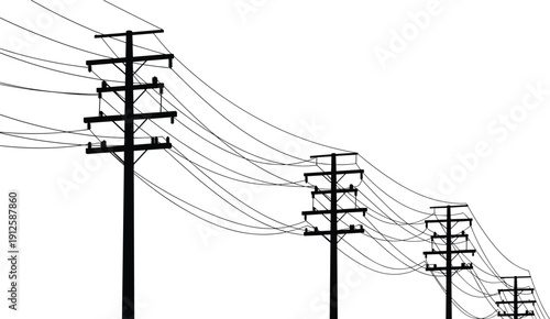 Silhouette of multiple wooden electric utility poles with overhead power lines, high voltage electricity distribution isolated on white background