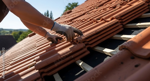 Craftsperson installing clay roof tiles for new house construction project