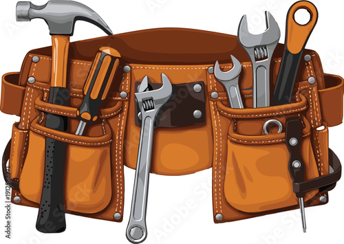 Leather tool belt silhouette, construction handyman equipment illustration, repair maintenance vector art, hammer screwdriver wrench pliers utility knife concept - flavector