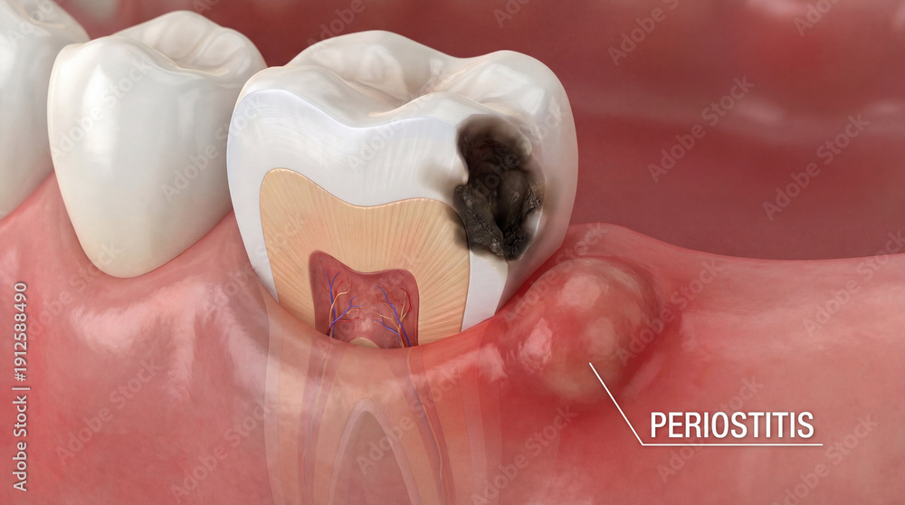 Fototapeta premium Dental caries and periostitis illustration, tooth infection