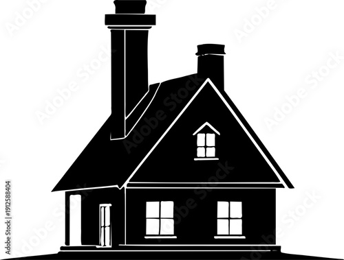 A black silhouette of a house with a chimney on transparent background