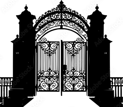 A black silhouette of an ornate gate with two towers on either side on transparent background