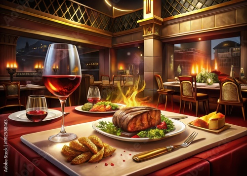 Indulge in a sumptuous dinner at an upscale steakhouse, paired with a rich glass of bold red wine