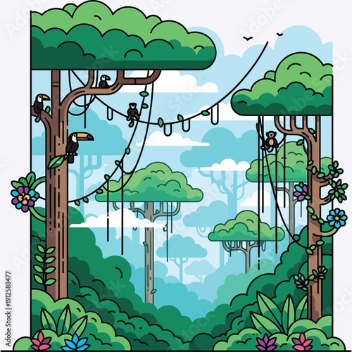 Tropical jungle illustration with monkeys and toucans in lush rainforest canopy