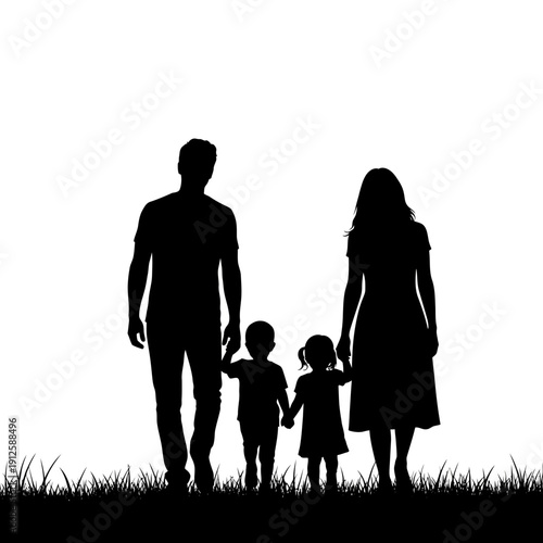 Family silhouette walking together with dog vector illustration