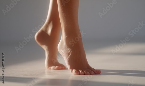 Elegant Standing Posture of Bare Feet in Photorealistic Close-Up with Soft Lighting