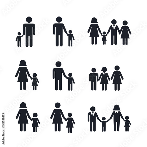 Family icon set featuring vector silhouettes of parents, children, and couples in simple pictogram style representing love and togetherness