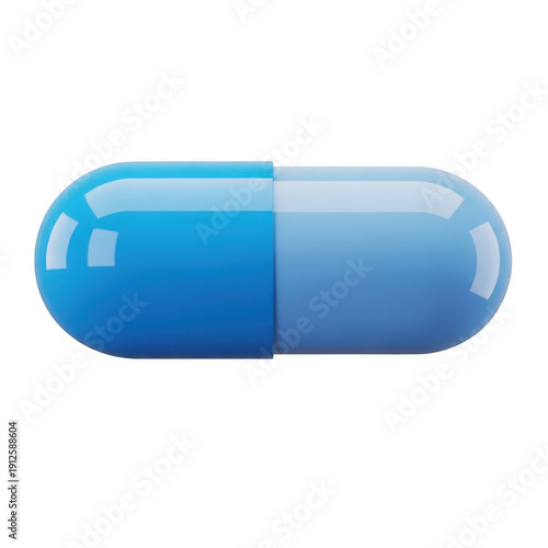 A blue capsule pill with a divided color scheme on a white background.