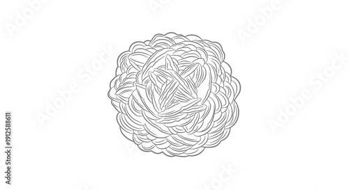 Intricate black and white illustration of a complex woven structure or nest.