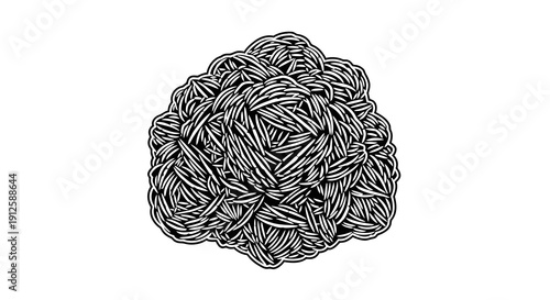 A complex black and white illustration of intertwined threads forming a spherical shape.