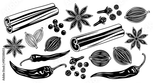 Assorted spices and peppers in a black and white illustration style.