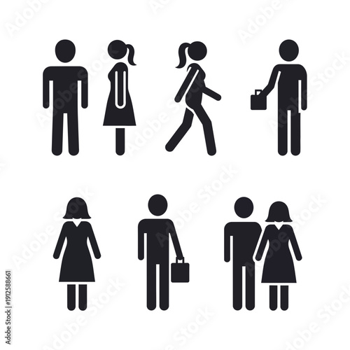 Simple family icon set showing man, woman, and child silhouettes in a clean vector style symbolizing love, teamwork, and togetherness