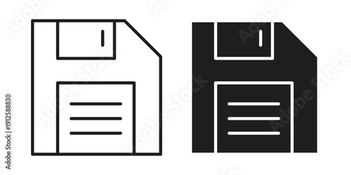 Floppy disk icon in black line style set. logotype designs