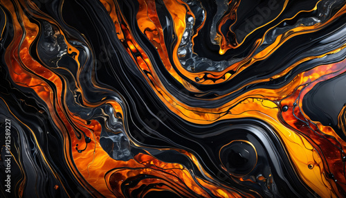 Luxury Black Liquid Marble Texture with Molten Gold and Amber Veins, Abstract Fluid Art Background