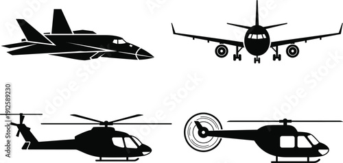 aircraft silhouette collection vector, airplane and helicopter icons set, aviation transport illustration, military jet and passenger plane graphicaircraft silhouette collection vector, 