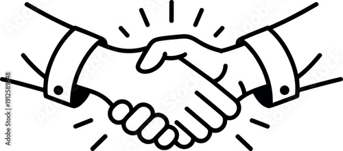Clean black and white line art illustration of a professional business handshake representing successful partnership, agreement, cooperation, and teamwork for corporate marketing materials.